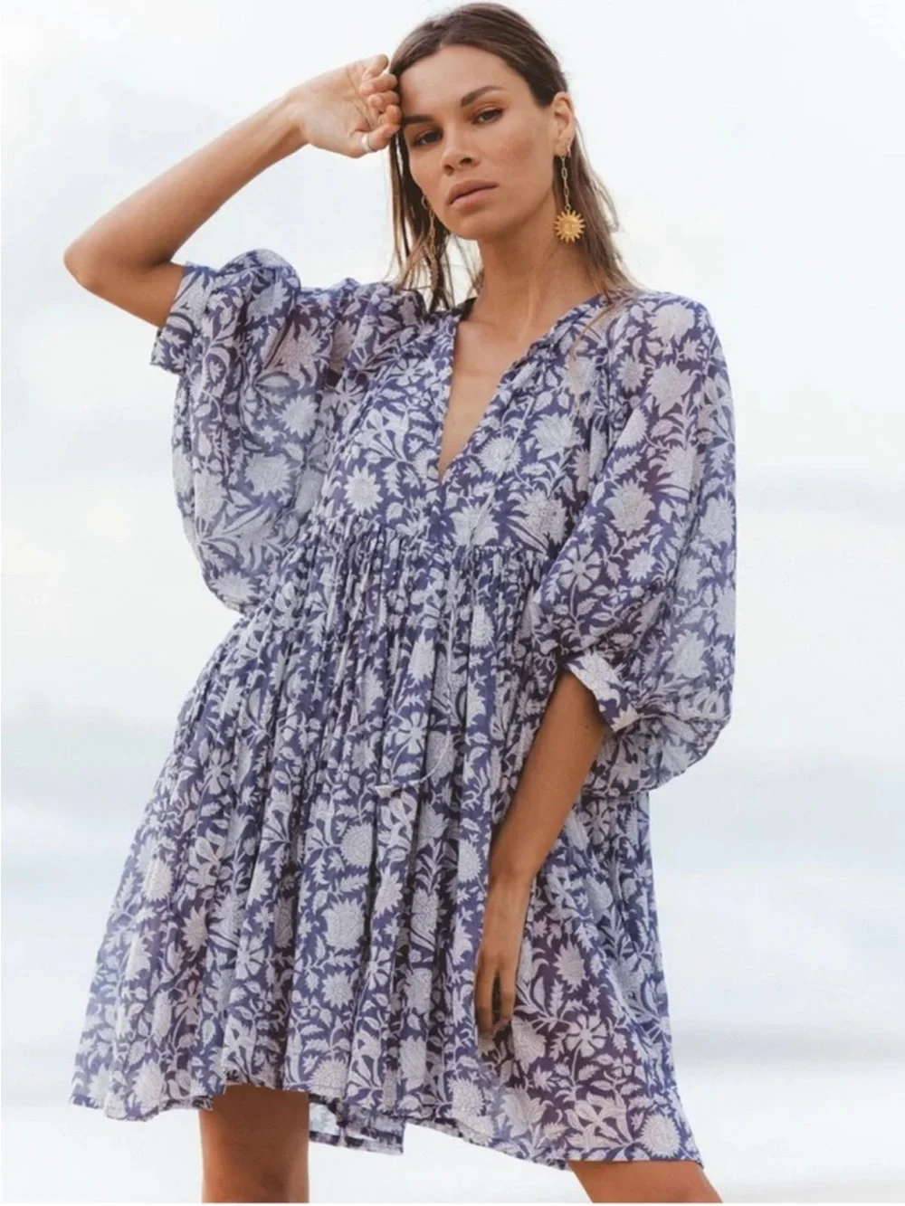 Daughters of India Blue and White Floral Babydoll Dress - Picture 1 of 9